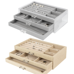 3-Layer Acrylic & Velvet Jewelry Box – Multi-Drawer Organizer for Rings, Earrings, Bracelets & Accessories (Grey / Beige)