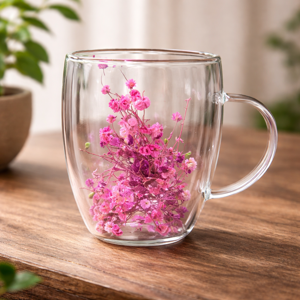 Flower Double Wall Glass Mug – Midnight Pink Floral Aesthetic Cup - Habitt