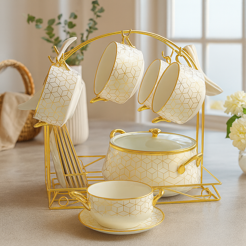 Luxury Soup Set with Stand – 22 Pieces | Golden Finish