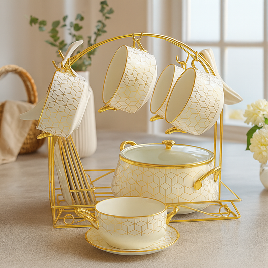 Luxury Soup Set with Stand – 22 Pieces | Golden Finish