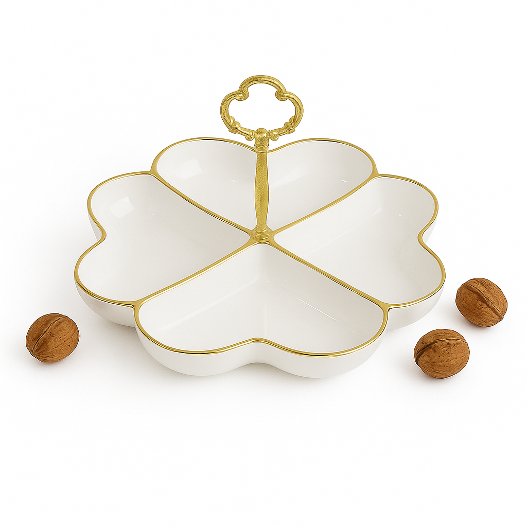 Elegant Four Heart Section Dish – White Ceramic Snack Platter with Gold Handle