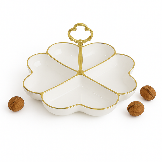 Elegant Four Heart Section Dish – White Ceramic Snack Platter with Gold Handle