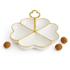 Elegant Four Heart Section Dish – White Ceramic Snack Platter with Gold Handle
