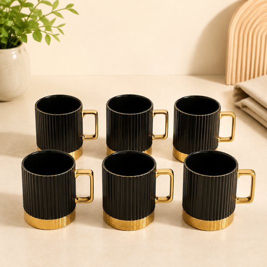 Luxury Black Metal Mug Set | Ribbed Coffee & Tea Mugs with Golden Finish - Habitt