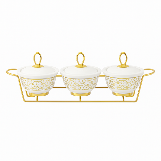 3-Pcs 9" Oval Ceramic Casserole Set With Gold Stand &  Hanging Glass Lids