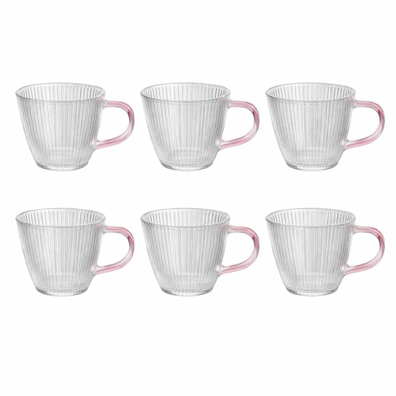 Pack of 6 Textured Glass Mug with Pink Handle – Elegant Tea & Coffee Cup - Habitt
