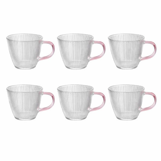 Pack of 6 Textured Glass Mug with Pink Handle – Elegant Tea & Coffee Cup - Habitt