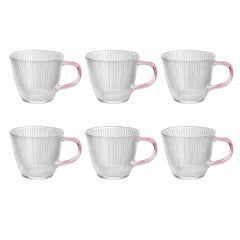 Pack of 6 Textured Glass Mug with Pink Handle – Elegant Tea & Coffee Cup - Habitt