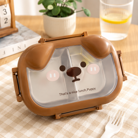 Animal Puppy Stainless Steel Lunch Box with Spoon – Brown & White | Leakproof Kids Bento Lunch Box for School, Office & Travel | Food Storage Container