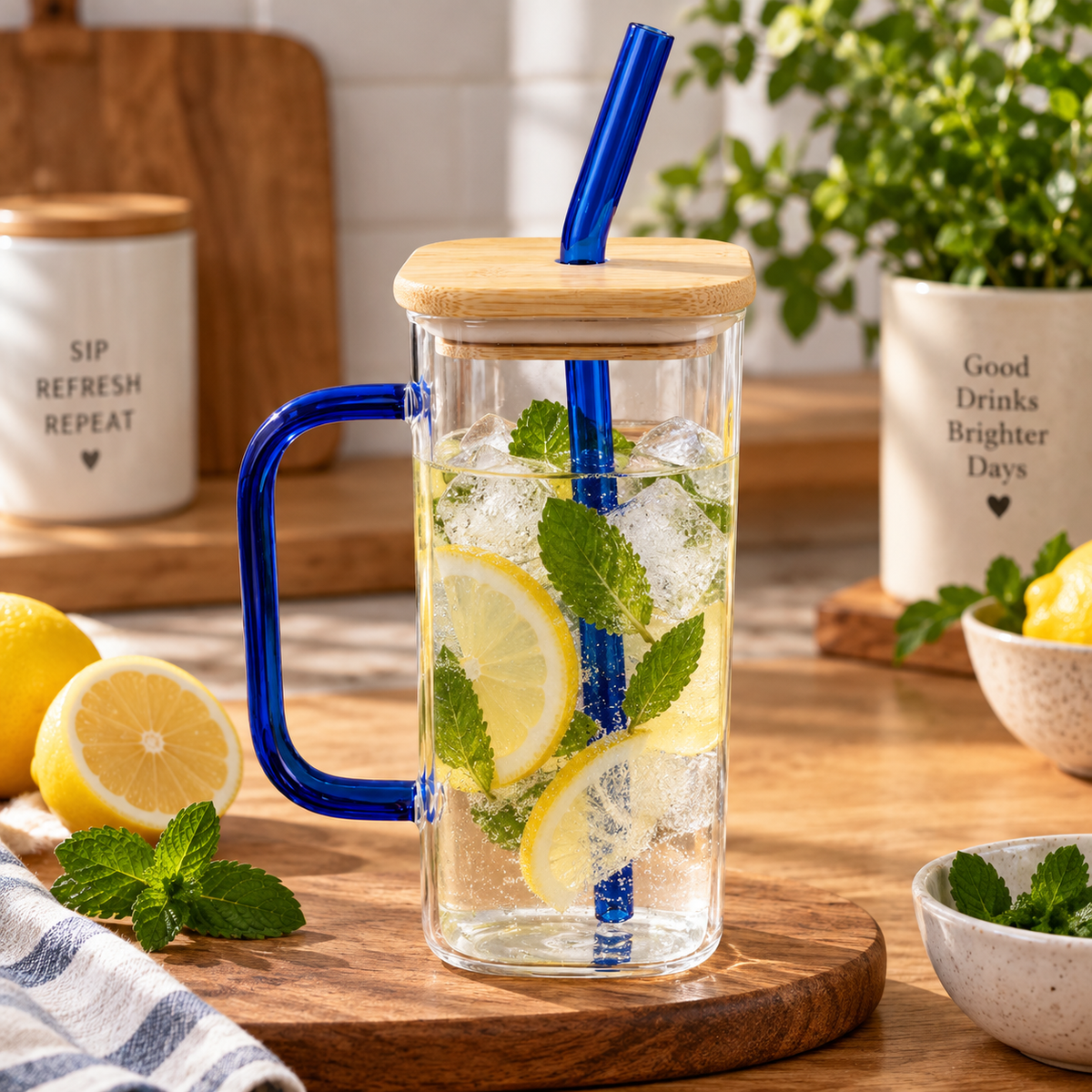 Mason Jar with Handle, Lid & Straw – Clear Glass Drinking Jar for Juice, Water, Lemonade & Iced Beverages