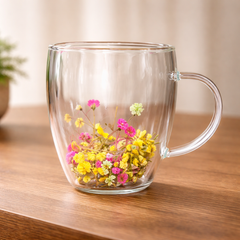 Flower Double Wall Glass Mug – Marigold Pink Floral Aesthetic Cup - Habitt