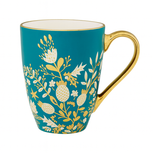 Floral Teal Blue  Ceramic   Mug with Gold Handle – Elegant Coffee & Tea Cup