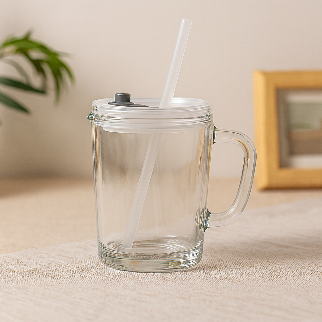 Premium Glass Mug with Lid, Handle & Reusable Straw – 1-Piece Drinking Cup for Hot & Cold Beverages
