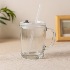 Premium Glass Mug with Lid, Handle & Reusable Straw – 1-Piece Drinking Cup for Hot & Cold Beverages