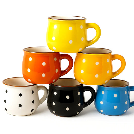 Pack of 6 – 150ML Ceramic Polka Dot Mugs | Colorful Tea & Coffee Cups