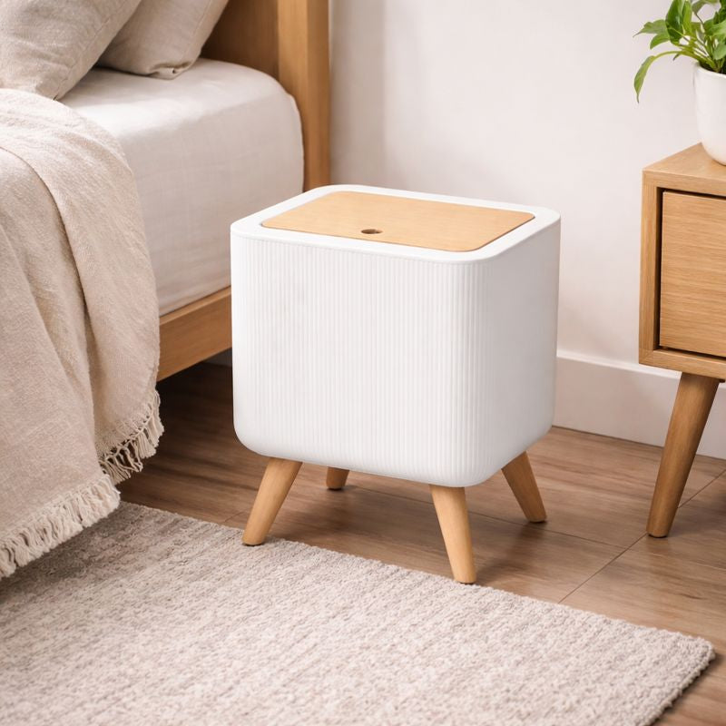 Bedroom Trash Bin – Square Shape with Vertical Lining Pattern & Wooden Legs - Habitt