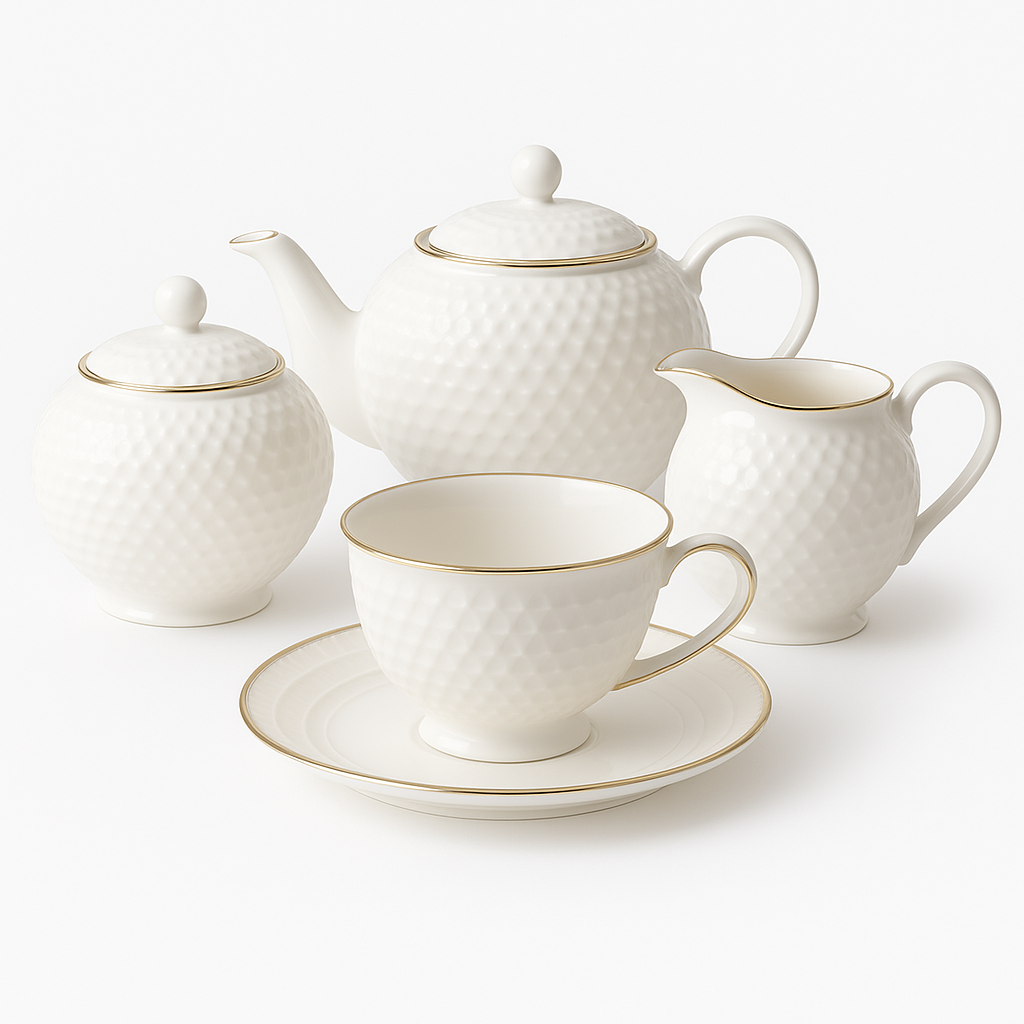 Golf-Style Tea Set – Textured Porcelain with Gold Trim