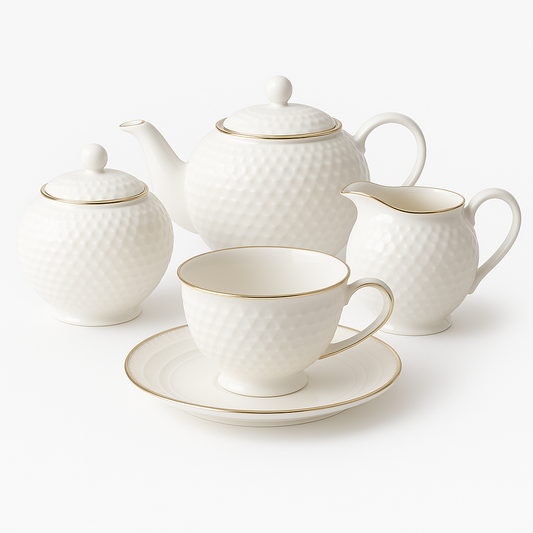 Golf-Style Tea Set – Textured Porcelain with Gold Trim