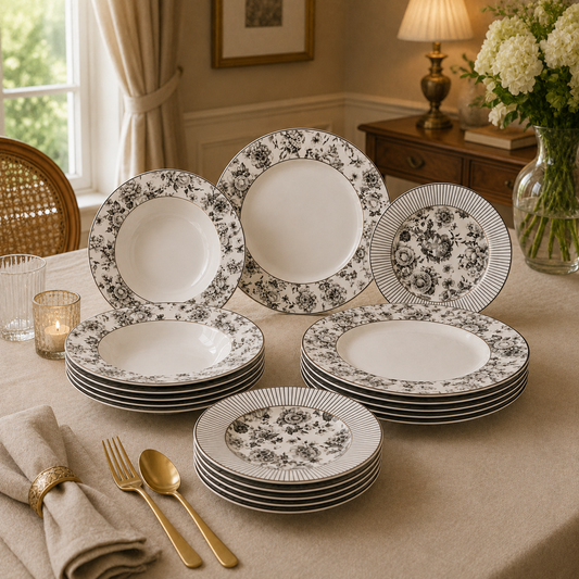 Premium Porcelain Plate Set | Elegant Black Floral Dinnerware for 6 Persons
