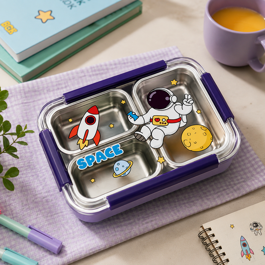 3 Compartment Space Stainless Steel Lunch Box with Spoon | Leakproof Kids Bento Lunch Box for School, Office & Travel | Reusable Food Storage Container