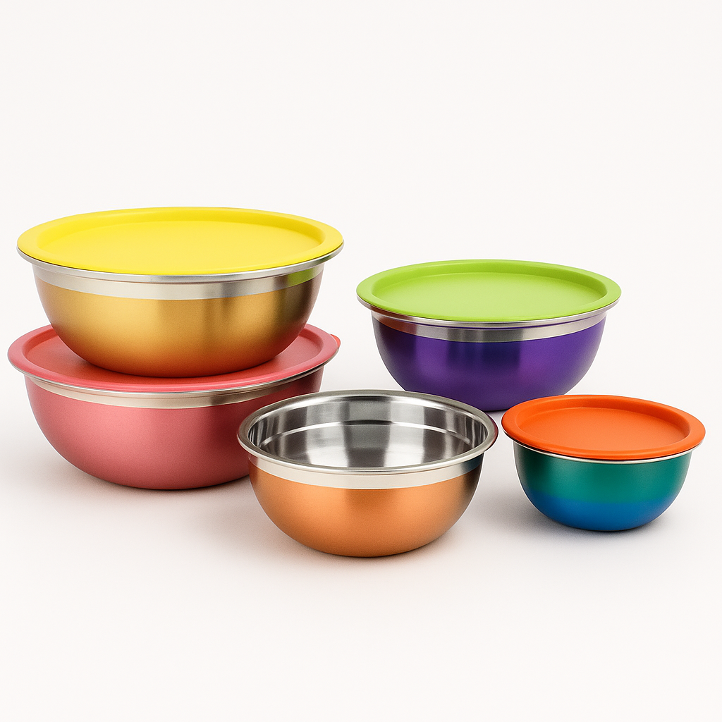 5-Piece Colorful Stainless Steel Salad Bowl Set with Airtight Covers for Fresh Food Storage