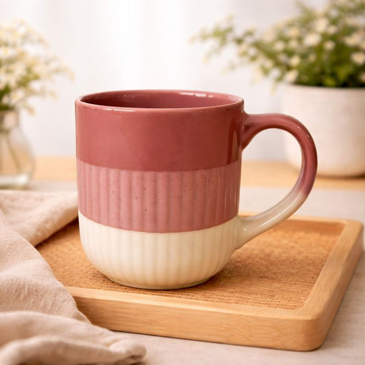 Two-Tone Mauve & White Textured Ceramic Mug – Modern Ribbed Coffee Cup