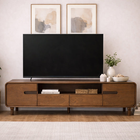 Nysa Solid Wood TV Unit – Modern Low Profile Entertainment Console with Storage Drawers & Open Shelving - Habitt