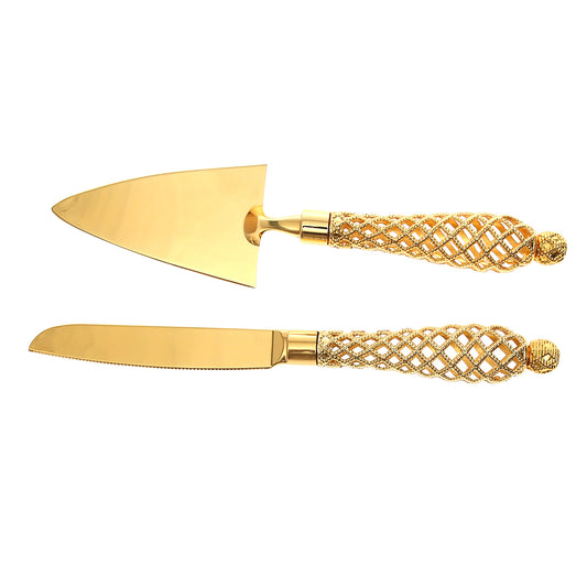 2‑Piece Cake Server Set – Gold Stainless Steel Knife & Lifter with Decorative Handle