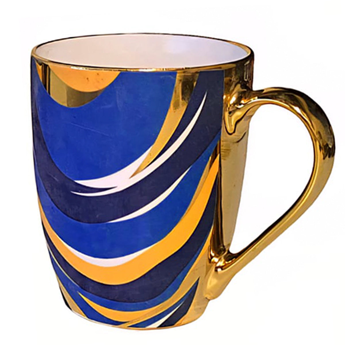 Ceramic Coffee Mug with Gold Handle – Blue & Yellow Swirl Pattern
