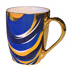 Ceramic Coffee Mug with Gold Handle – Blue & Yellow Swirl Pattern