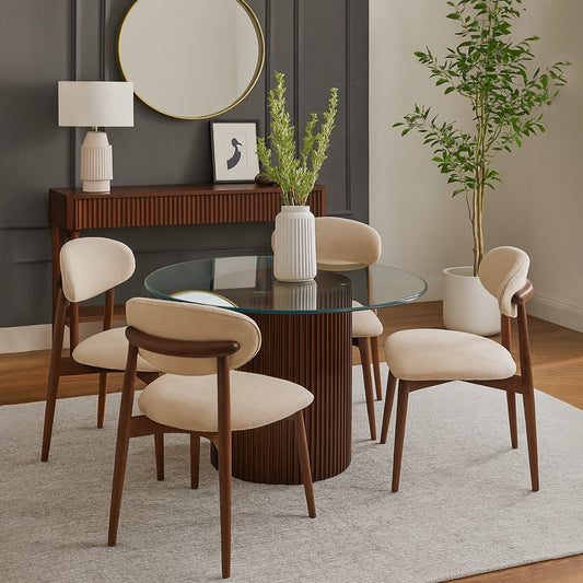 Ria 4-Person Dining Table Set – Modern Round Glass Top with Wooden Base & Upholstered Chairs