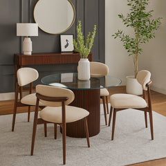 Ria 4-Person Dining Table Set – Modern Round Glass Top with Wooden Base & Upholstered Chairs