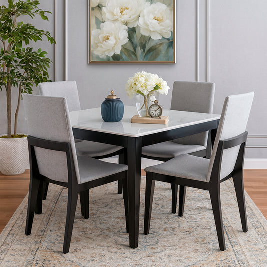 ALVA 4-Person Dining Table Set – Modern Marble Top with Upholstered Chairs