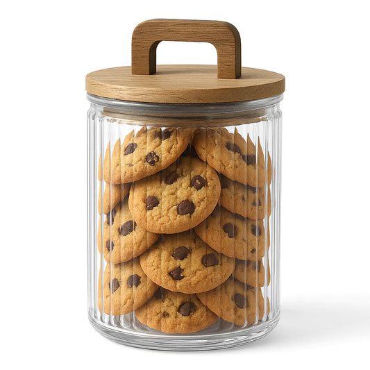 Small Lining Glass Storage Jar with Wooden Handle Lid – Transparent Container