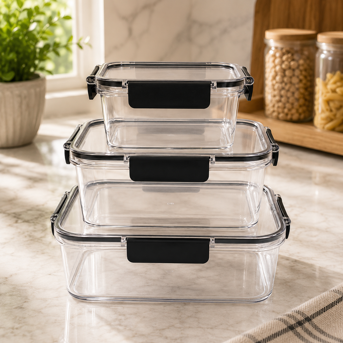 3PC Acrylic Airtight Container Set – Clear Kitchen Food Storage Jars with Secure Lids for Pantry Organization