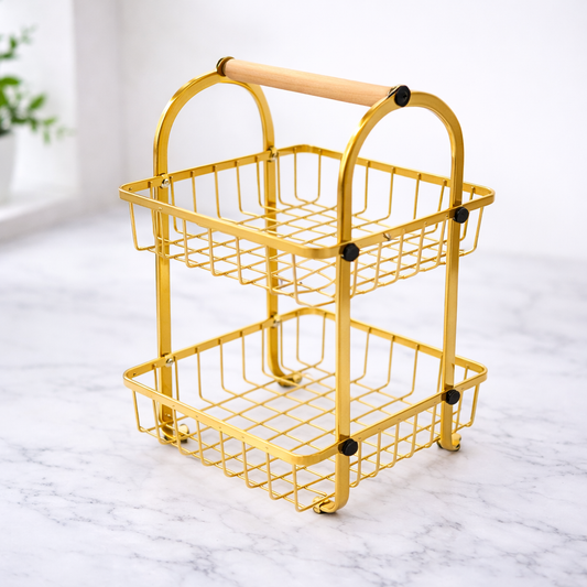2-Tier Metal Fruit Basket – Gold Wire Storage Rack with Wooden Handle - Habitt