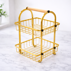 2-Tier Metal Fruit Basket – Gold Wire Storage Rack with Wooden Handle - Habitt