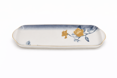 Floral Long Serving Tray – Elegant Ceramic Platter with Gold Rim