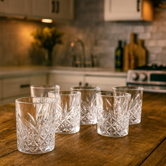 Diamond-Cut Tumbler Glass Set 340 ml – Heavy Premium Drinkware (6 Pcs)