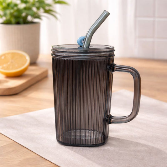 Straw Mug – Ribbed Glass Drinking Mug with Lid & Reusable Straw