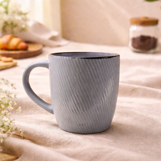 Grey Textured Ceramic Coffee Mug | Ribbed Design Tea Cup with Contrast Rim - Habitt