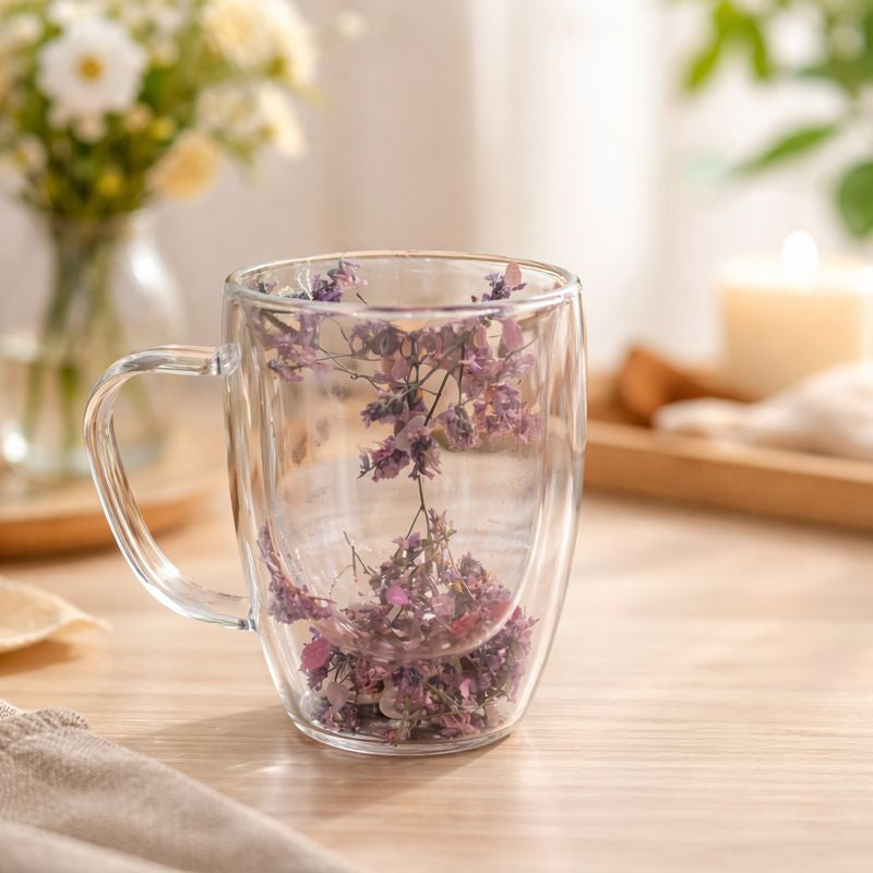Double Wall Floral Mug – Transparent Tea & Coffee Cup with Dried Flowers - Habitt