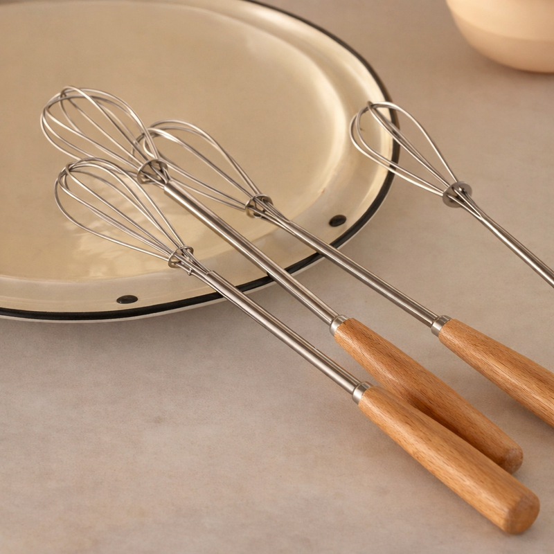 Stainless Steel Wooden Handle Mini Egg Beater – Manual Hand Whisk - Habitt