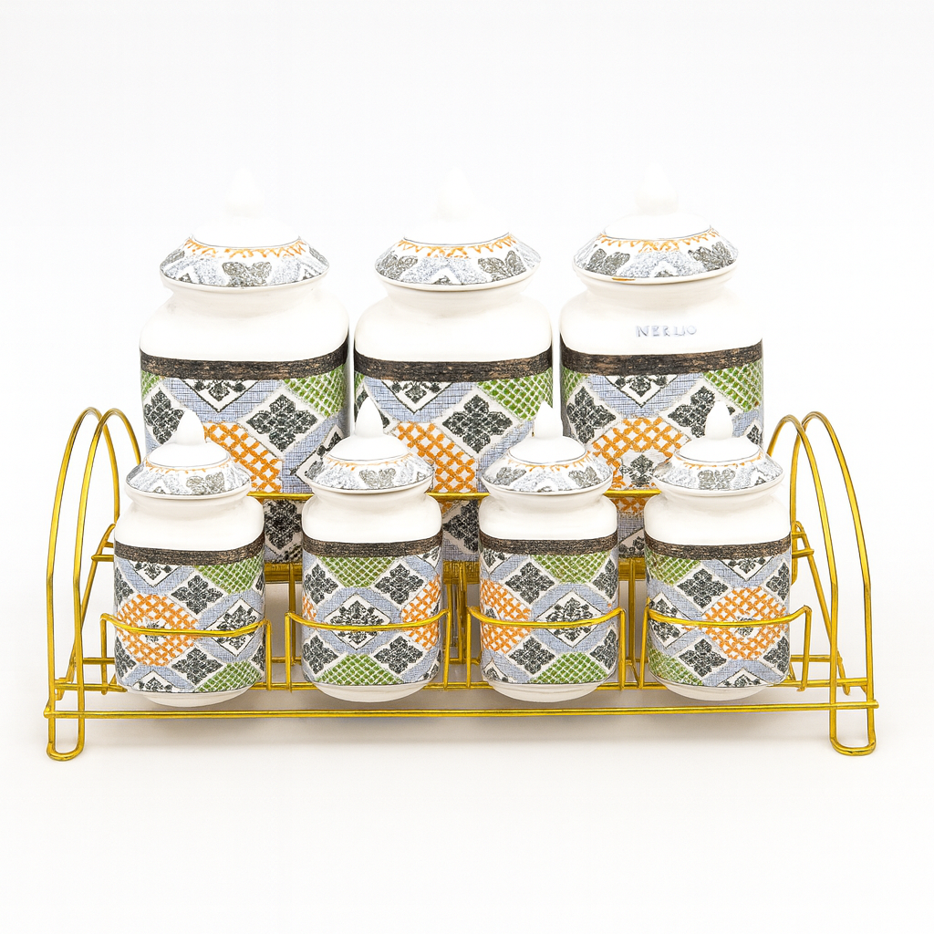 7 Pcs Canister Set with Ceramic Lid MFG4 – Multicolor Patterned Kitchen Storage Jars with