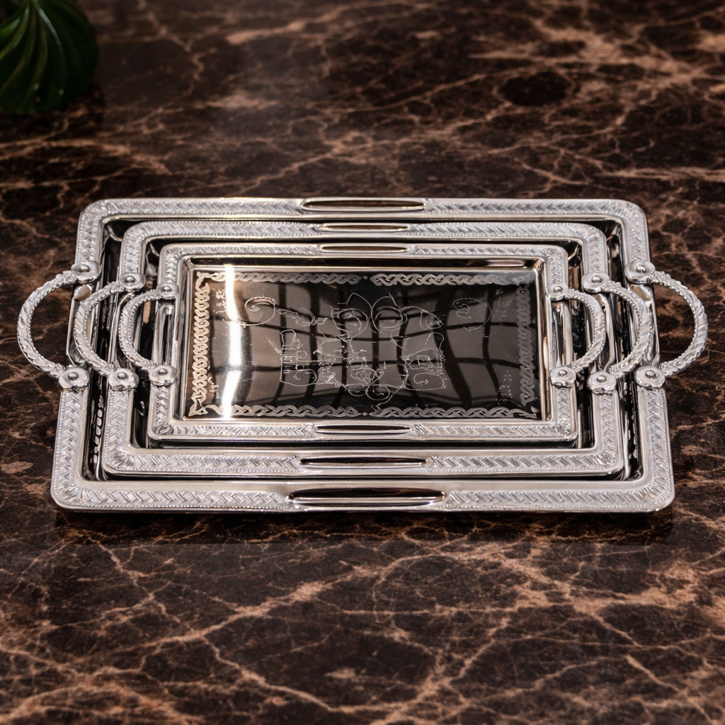 Luxury Tray Set 3PCS – Silver Decorative Serving Trays with Handles - Habitt