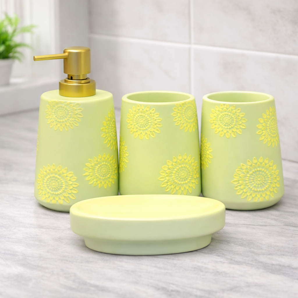 4-Piece Bathroom Accessories Set – Dark Green Floral Pattern Soap Dispenser, Toothbrush Holder & Soap Dish - Habitt