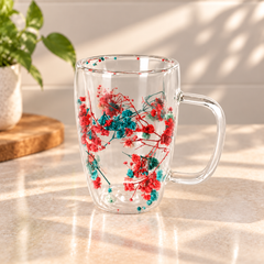 Red Blossom Glass Mug – 450ml Floral Transparent Coffee & Tea Mug
