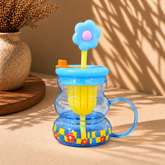 Cute Flower Plastic Sipper with Straw & Handle – Colourful Kids Drinking Cup