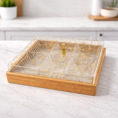 Luxury section Acrylic Dry Fruit Serving Dish with Wooden Base – Elegant Snack & Mithai Tray - Habitt