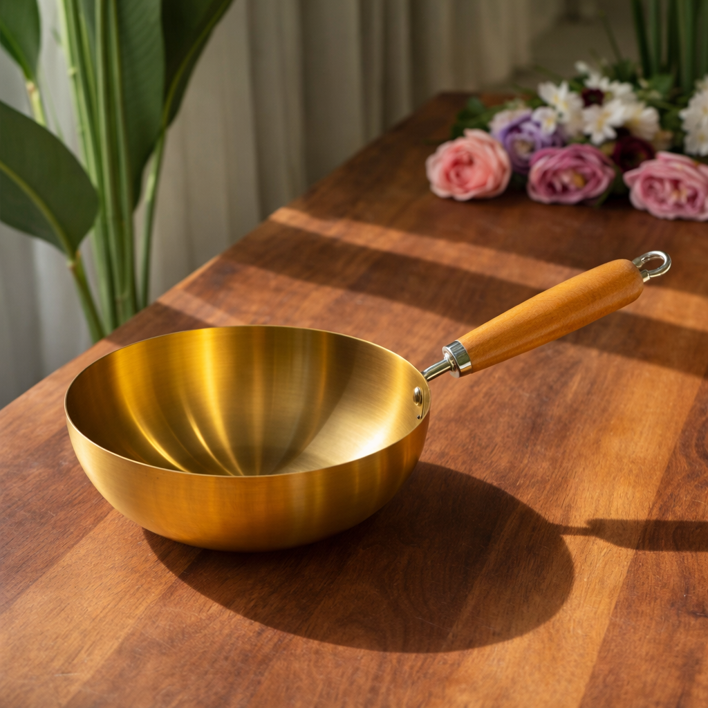 Golden Wok Pan with Wood Handle – Style | 18 cm / 20 cm